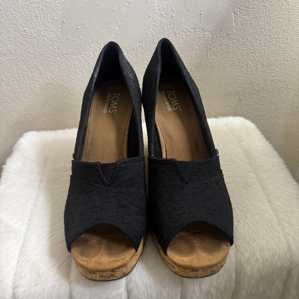 TOMS Classic Canvas Peep Toe Espadrille Wedge Sandals Women's Size 8.5 Black - Picture 3 of 5